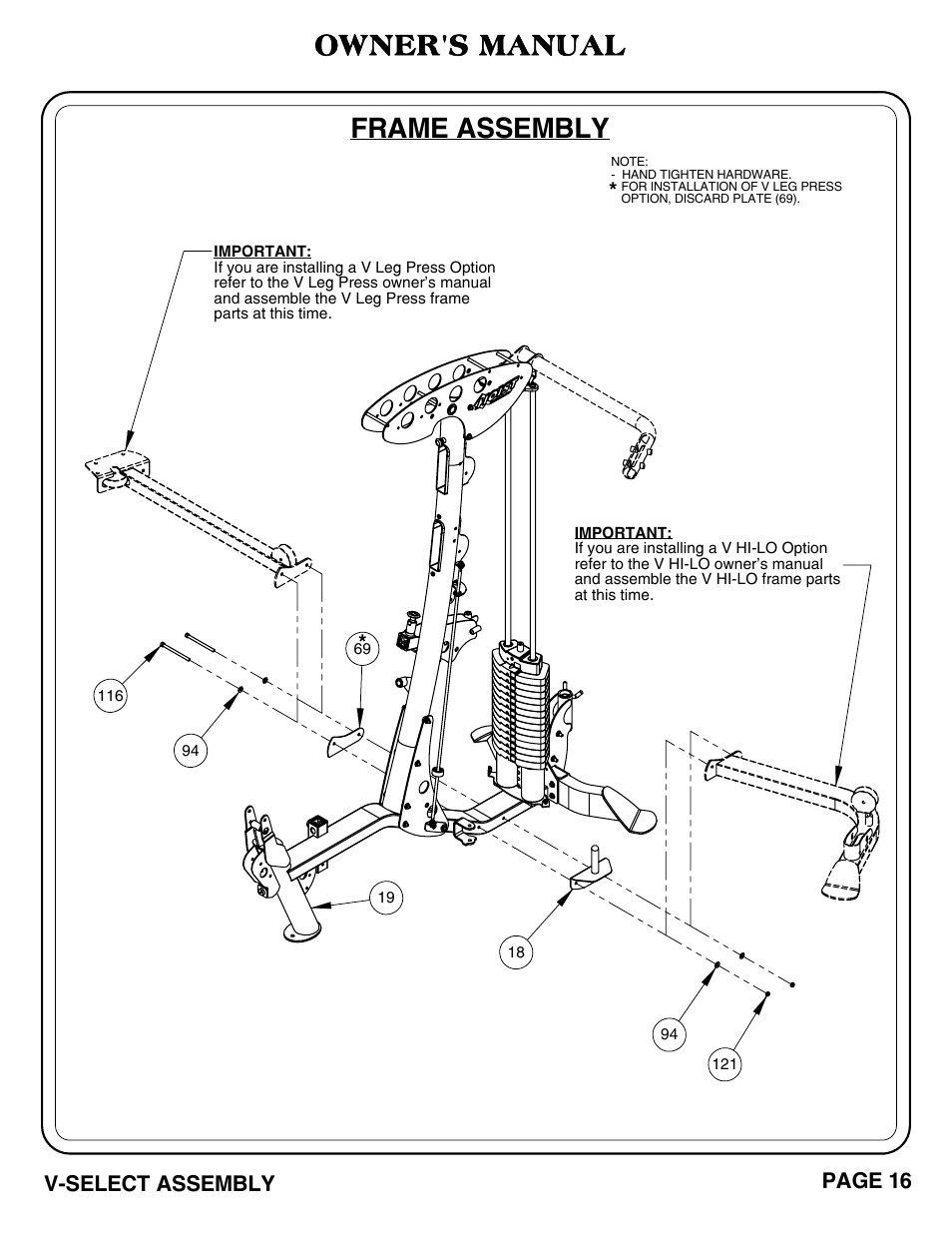 Frame assembly, Owner's manual | Hoist Fitness V-SELECT User Manual | Page 17 / 84