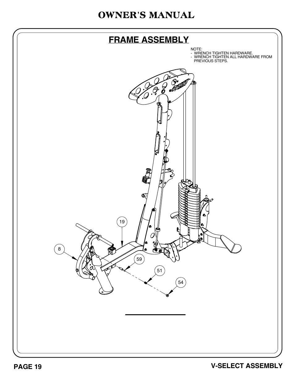 Important, Frame assembly, Owner's manual | Hoist Fitness V-SELECT User Manual | Page 20 / 84