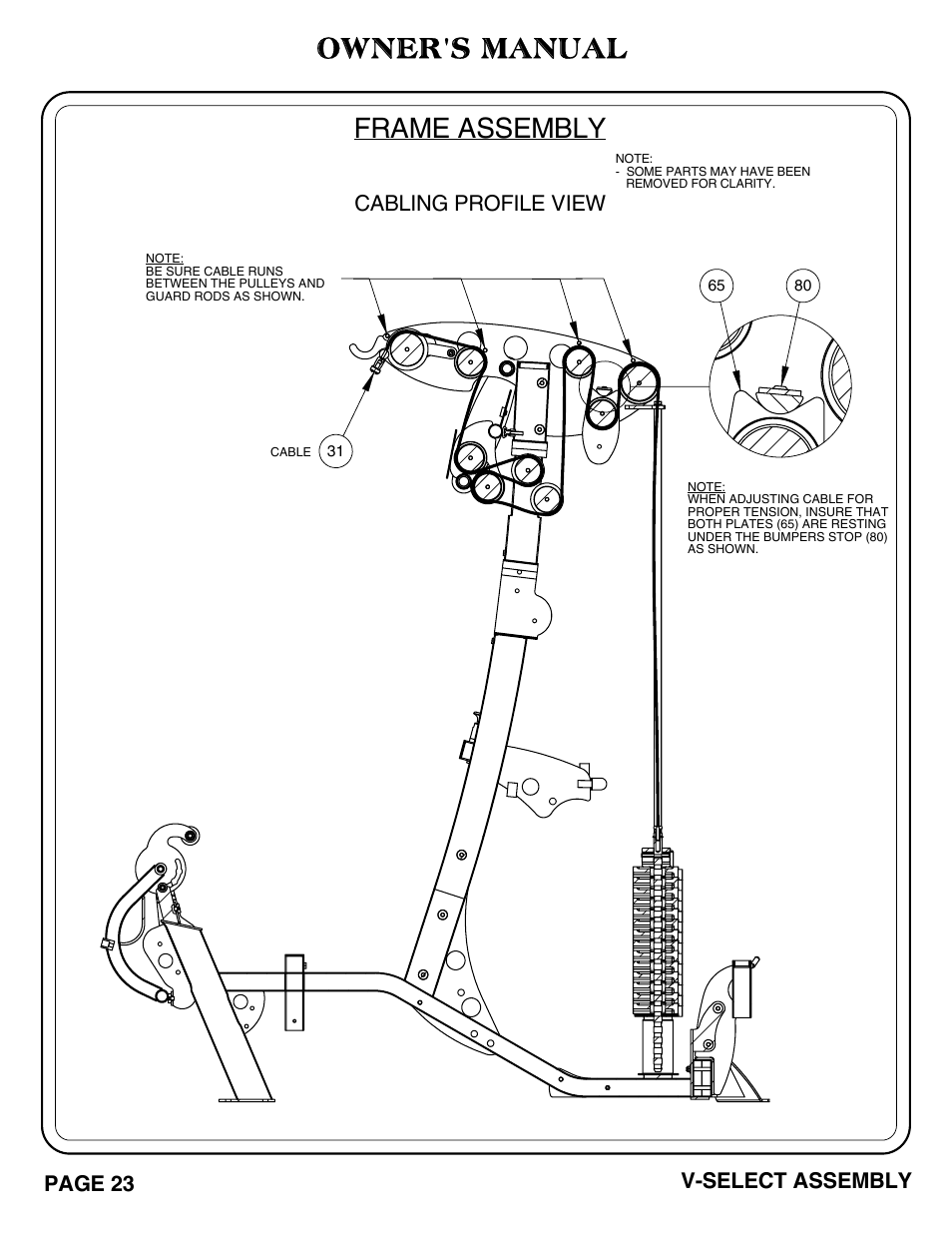 Frame assembly, Owner's manual, Cabling profile view | Page 23 v-select assembly | Hoist Fitness V-SELECT User Manual | Page 24 / 84