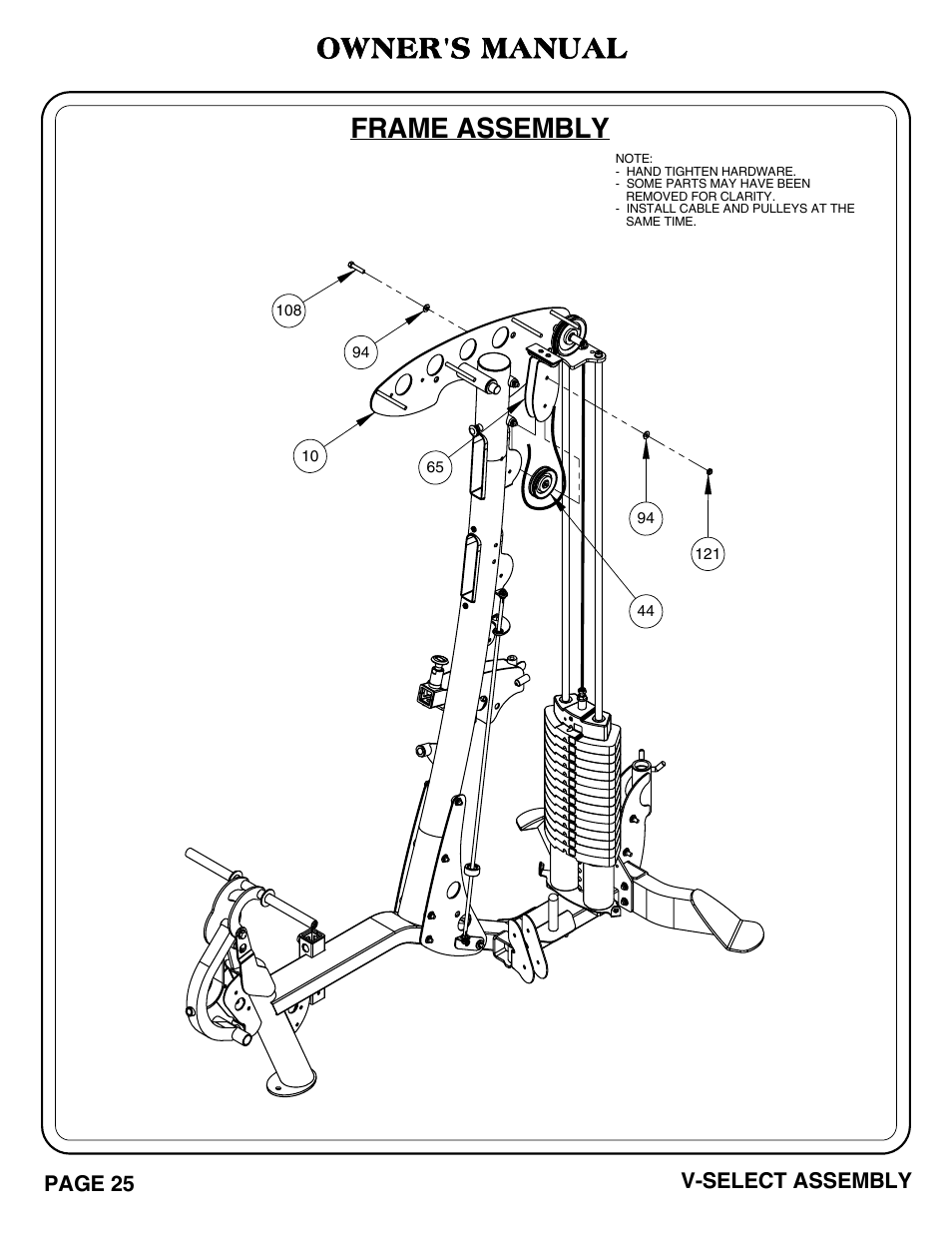 Owner's manual, Frame assembly, Page 25 v-select assembly | Hoist Fitness V-SELECT User Manual | Page 26 / 84