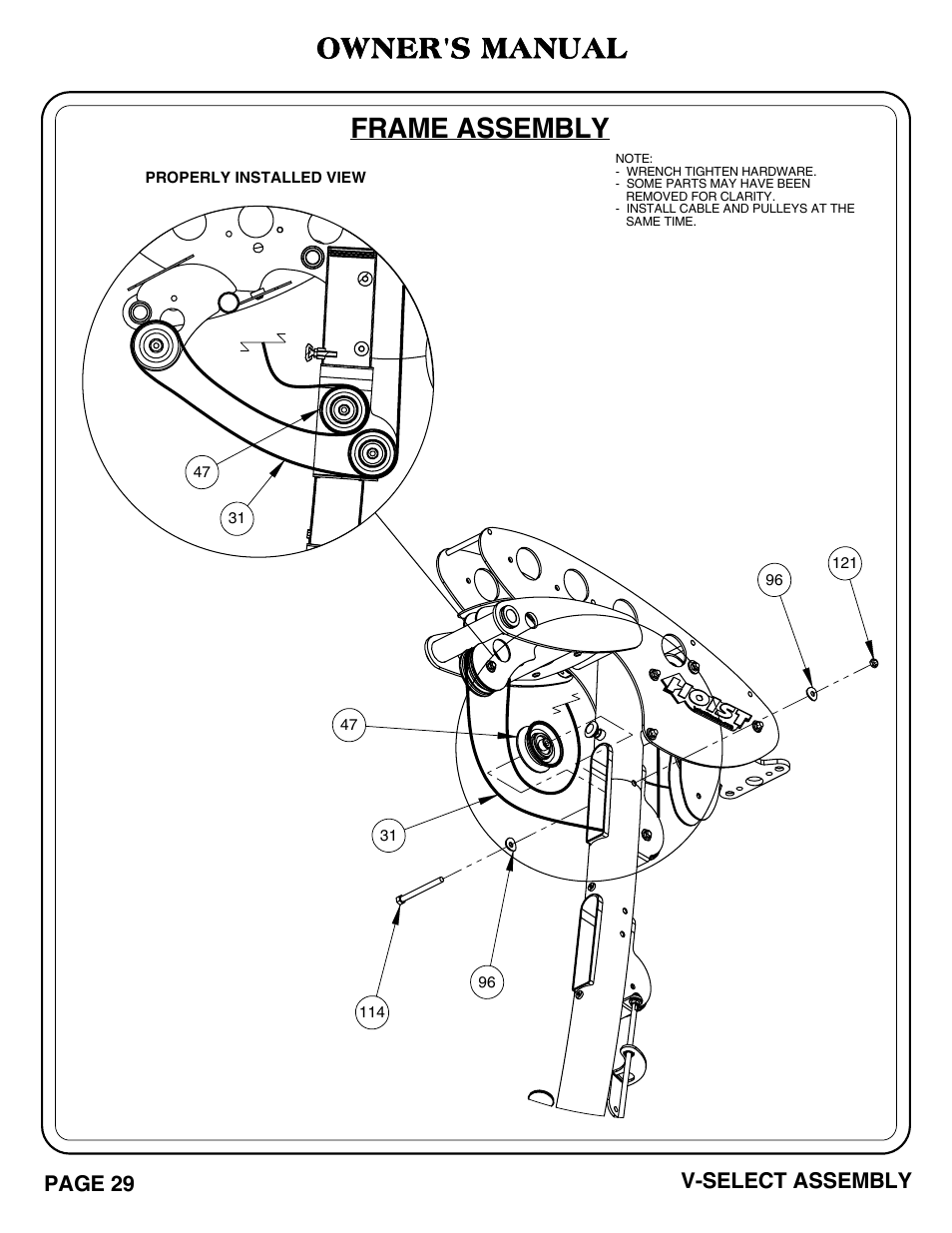 Frame assembly, Owner's manual, Page 29 v-select assembly | Hoist Fitness V-SELECT User Manual | Page 30 / 84