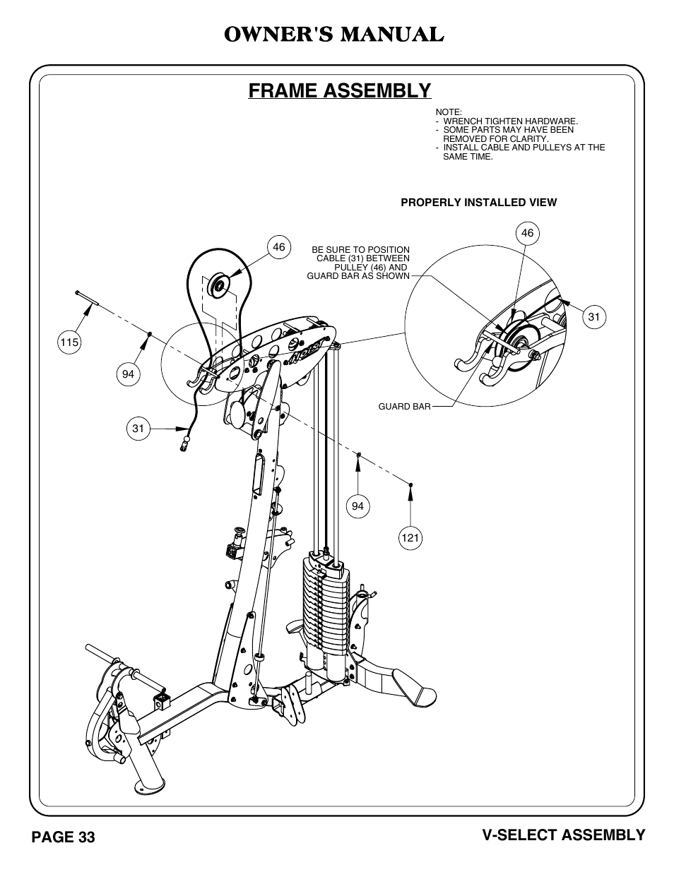 Frame assembly, Owner's manual, Page 33 v-select assembly | Hoist Fitness V-SELECT User Manual | Page 34 / 84