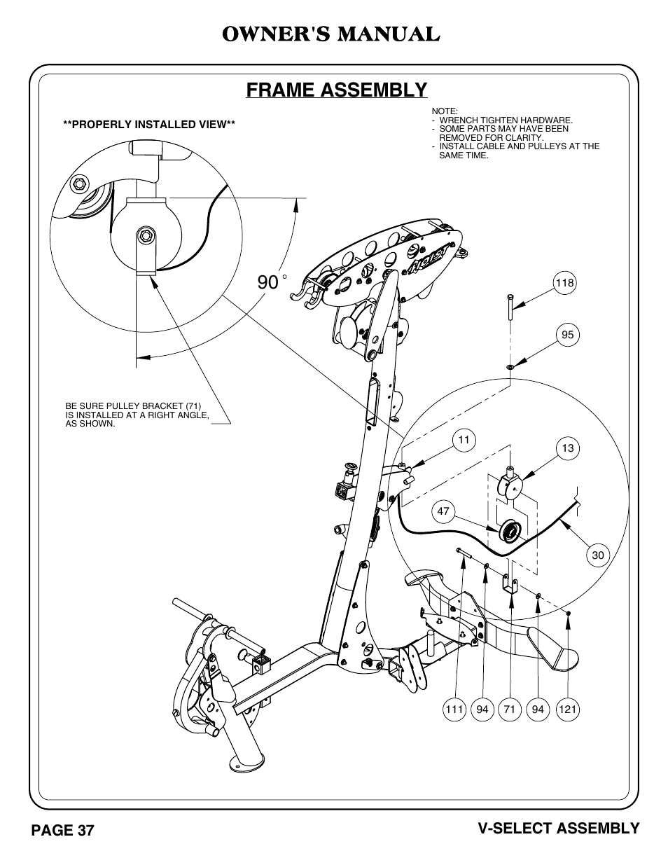 Owner's manual, Frame assembly, Page 37 v-select assembly | Hoist Fitness V-SELECT User Manual | Page 38 / 84