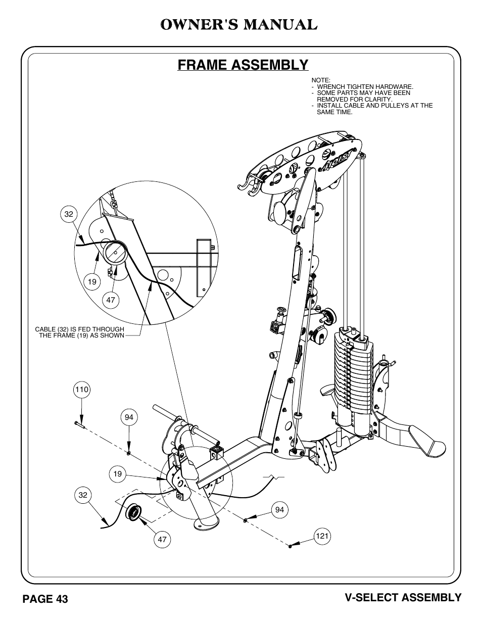 Owner's manual, Frame assembly, Page 43 v-select assembly | Hoist Fitness V-SELECT User Manual | Page 44 / 84