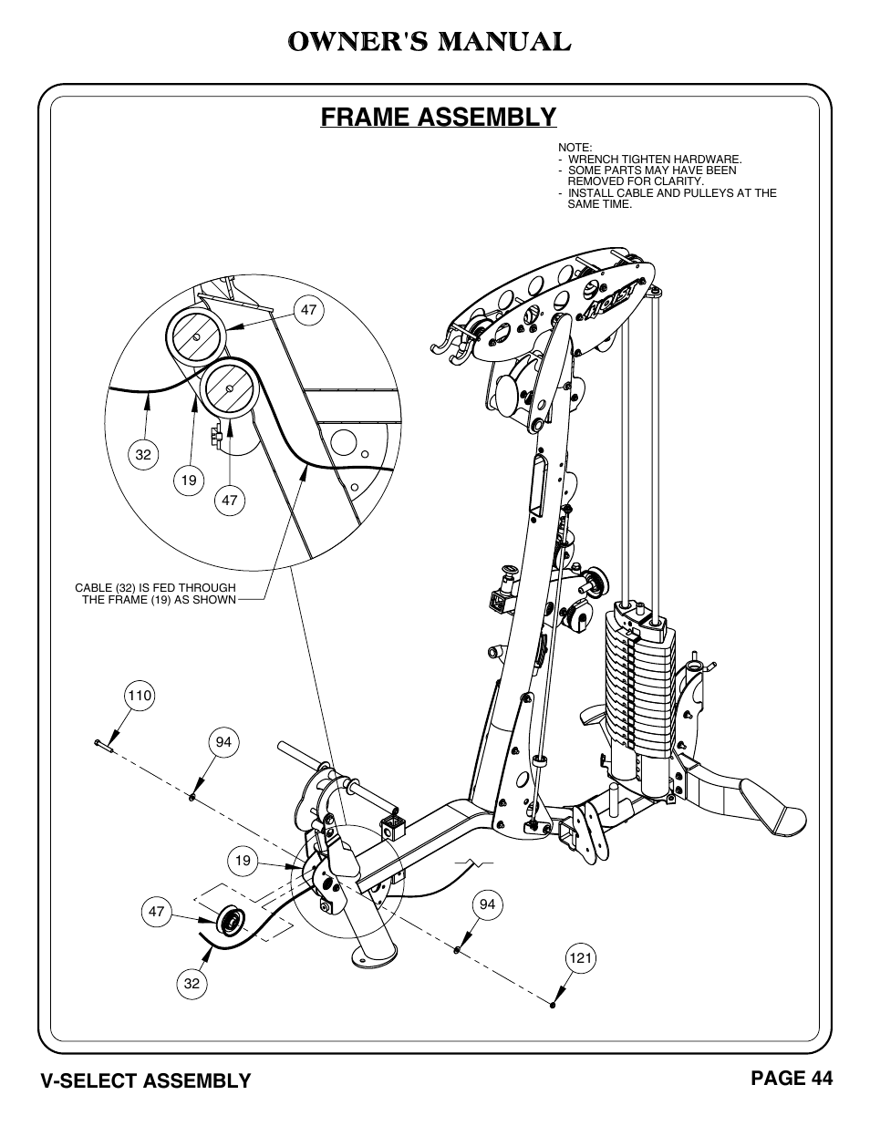 Owner's manual, Frame assembly, V-select assembly page 44 | Hoist Fitness V-SELECT User Manual | Page 45 / 84