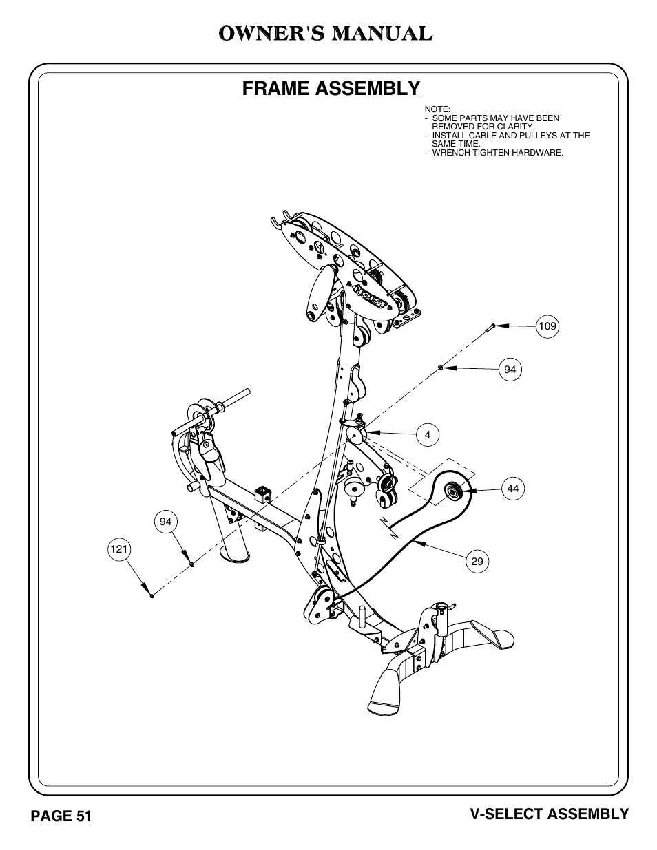 Owner's manual, Frame assembly, Page 51 v-select assembly | Hoist Fitness V-SELECT User Manual | Page 52 / 84