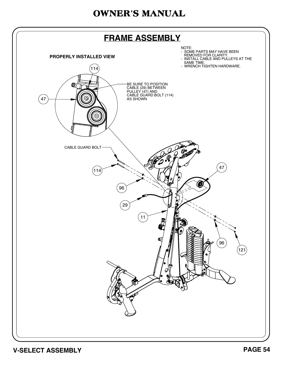 Owner's manual, Frame assembly, V-select assembly | Page 54 | Hoist Fitness V-SELECT User Manual | Page 55 / 84