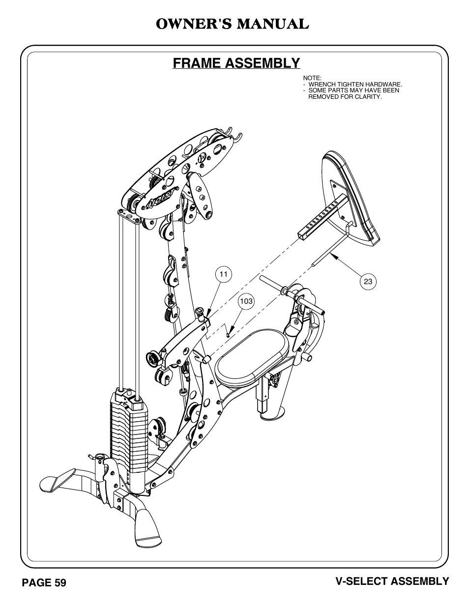 Frame assembly, Owner's manual, Page 59 v-select assembly | Hoist Fitness V-SELECT User Manual | Page 60 / 84