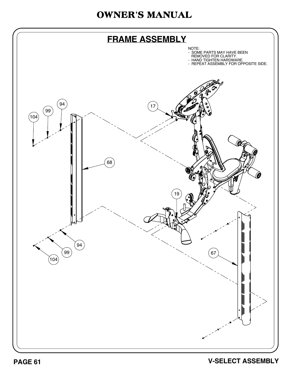 Frame assembly, Owner's manual, Page 61 v-select assembly | Hoist Fitness V-SELECT User Manual | Page 62 / 84
