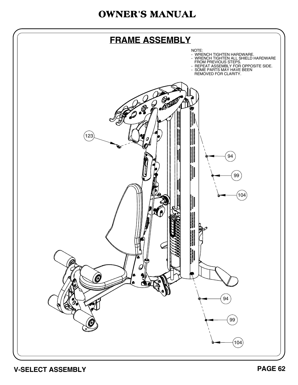 Frame assembly, Owner's manual, V-select assembly page 62 | Hoist Fitness V-SELECT User Manual | Page 63 / 84