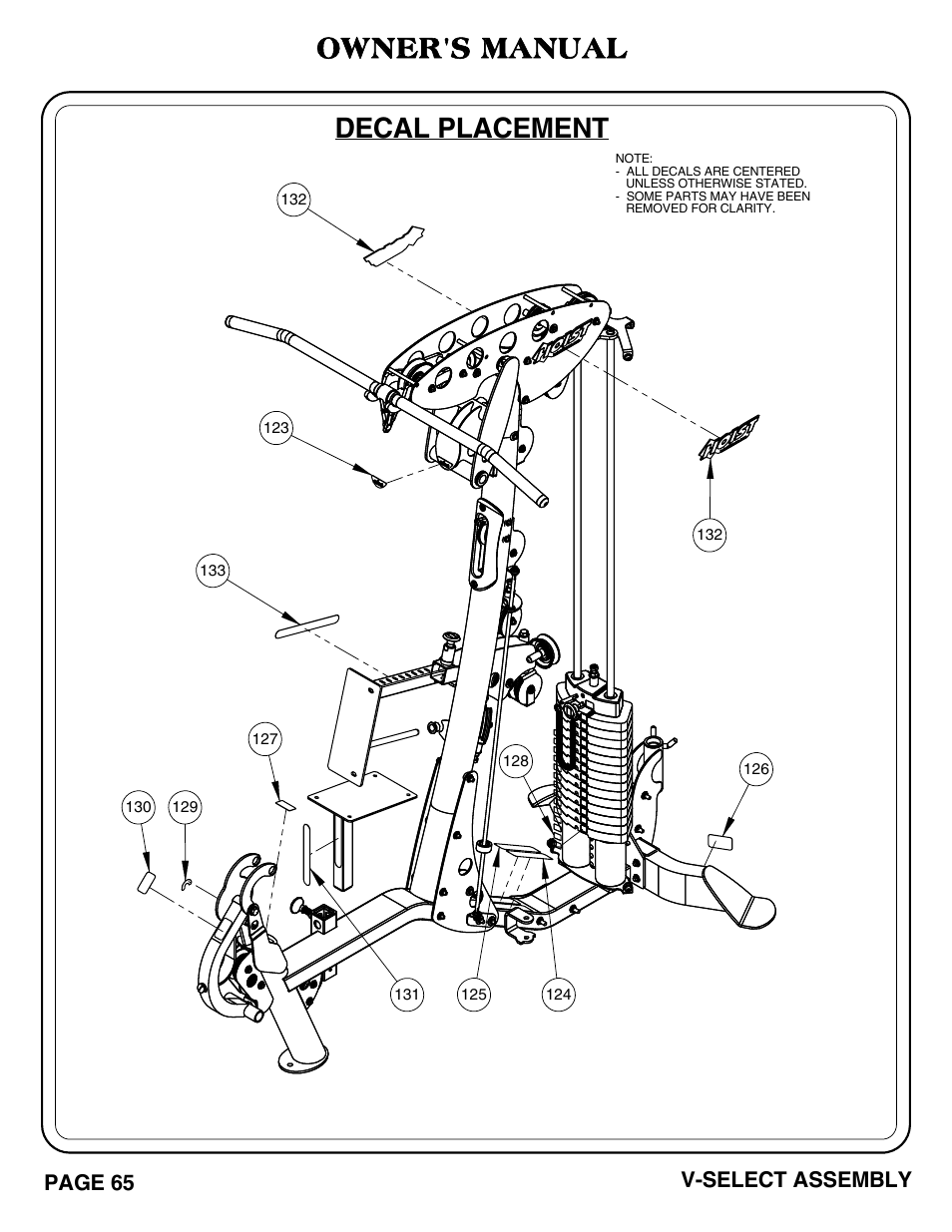 Owner's manual, Decal placement, Page 65 | V-select assembly | Hoist Fitness V-SELECT User Manual | Page 66 / 84