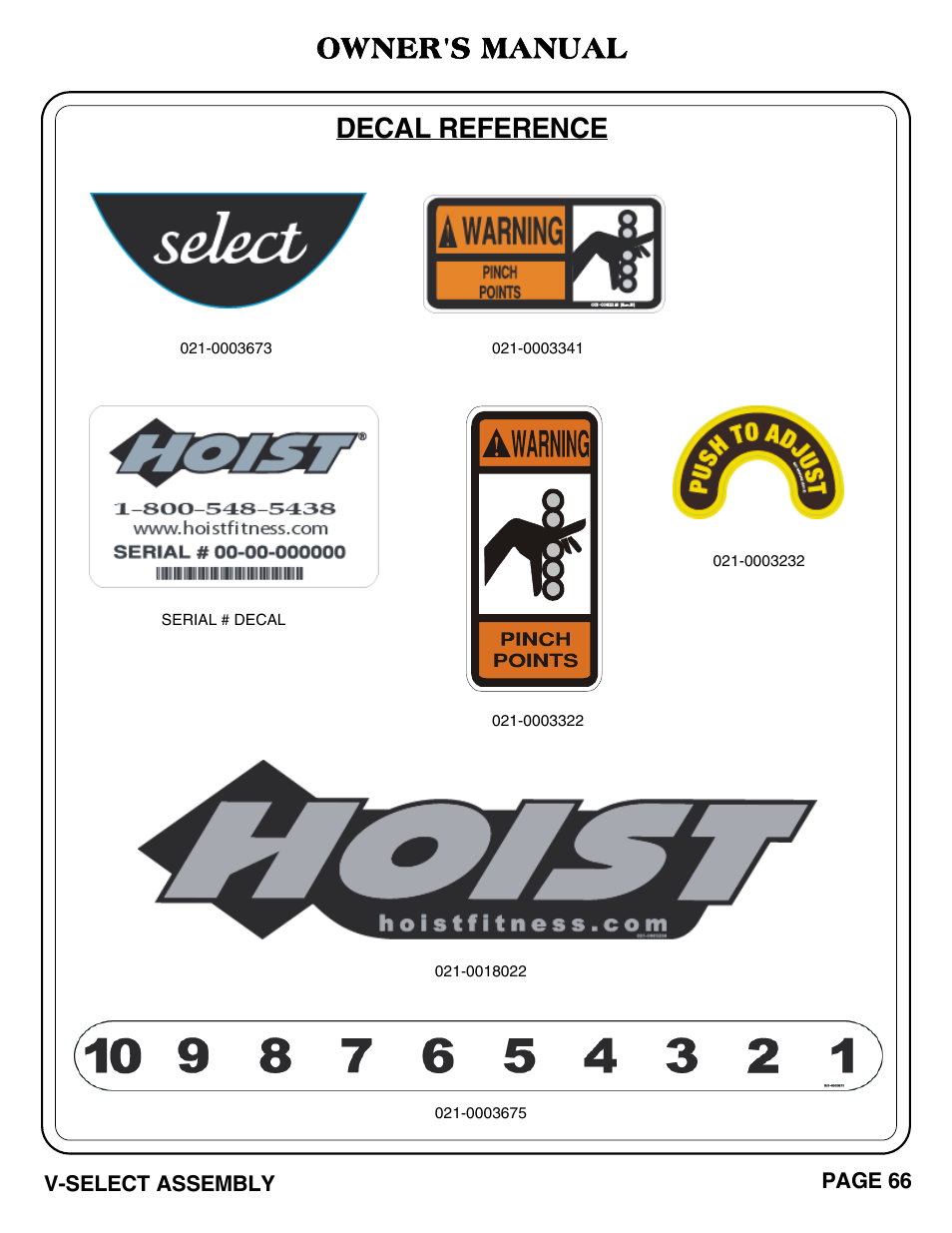 Owner's manual, Decal reference | Hoist Fitness V-SELECT User Manual | Page 67 / 84