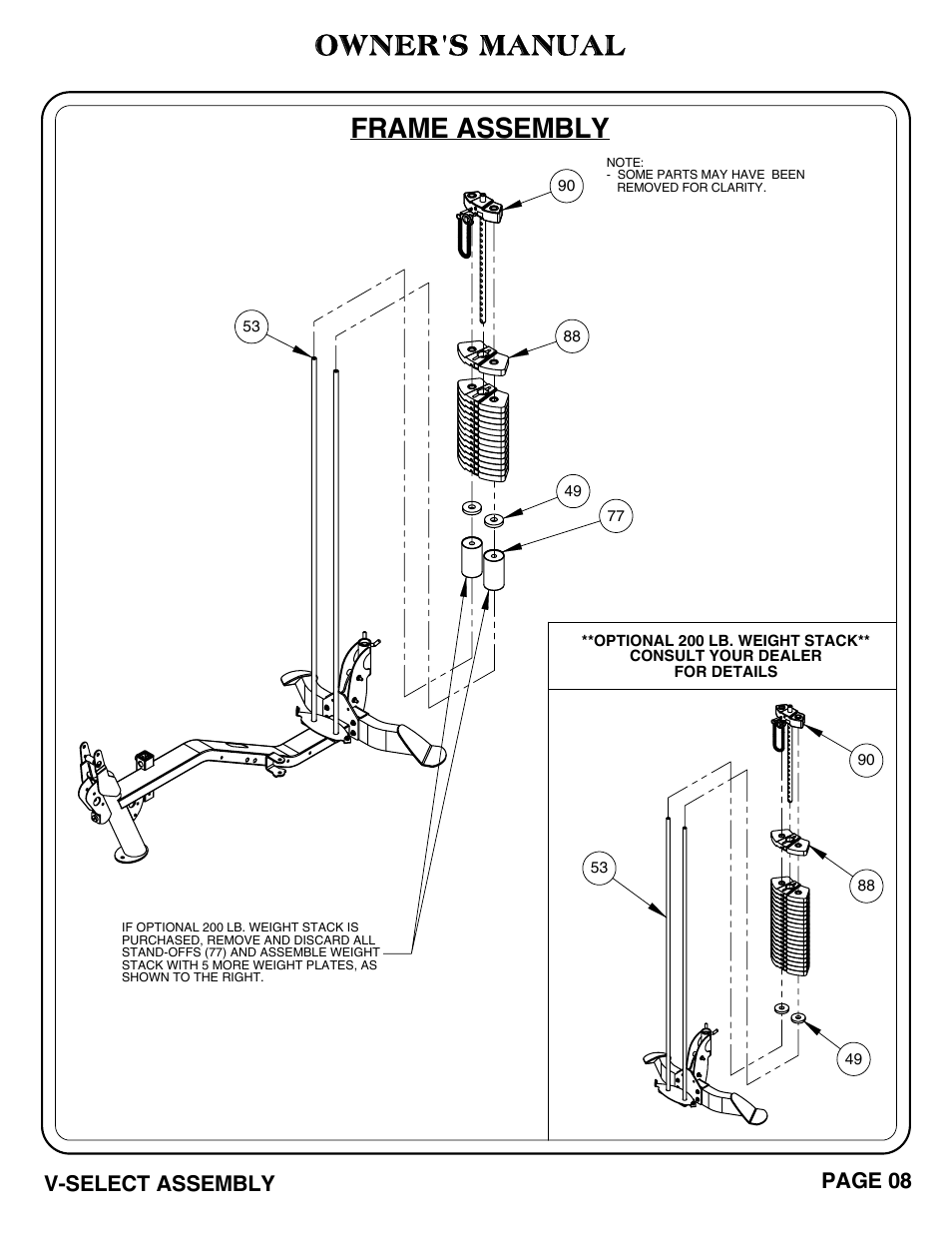 Owner's manual, Frame assembly, V-select assembly page 08 | Hoist Fitness V-SELECT User Manual | Page 9 / 84