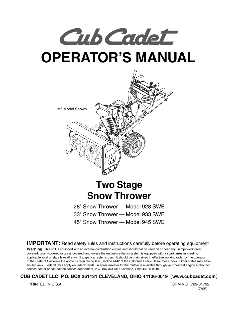 Cub Cadet 933 SWE User Manual | 32 pages