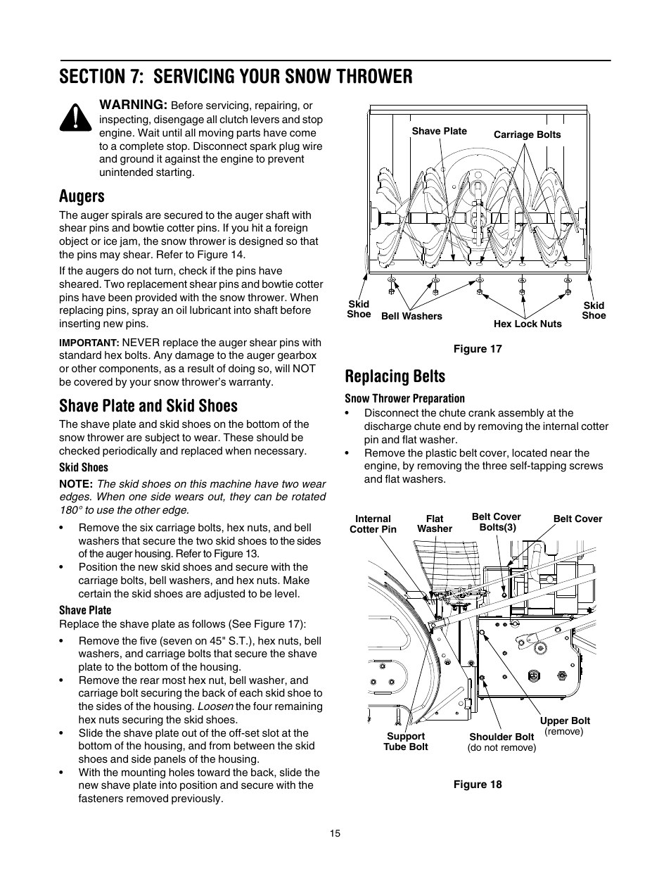 Augers, Shave plate and skid shoes, Replacing belts | Cub Cadet 933 SWE User Manual | Page 15 / 32
