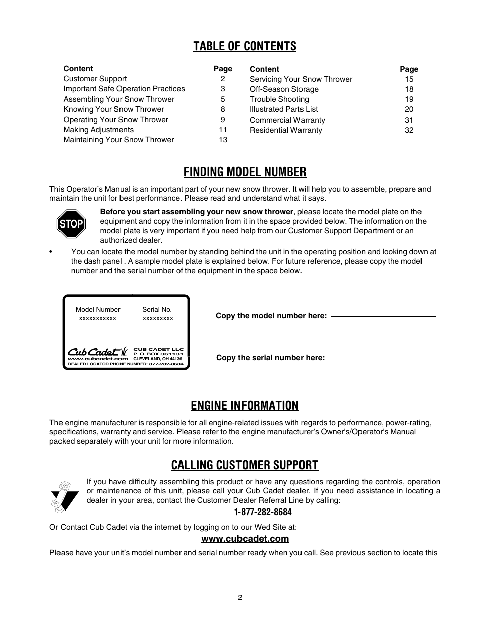 Table of contents finding model number, Engine information, Calling customer support | Cub Cadet 933 SWE User Manual | Page 2 / 32