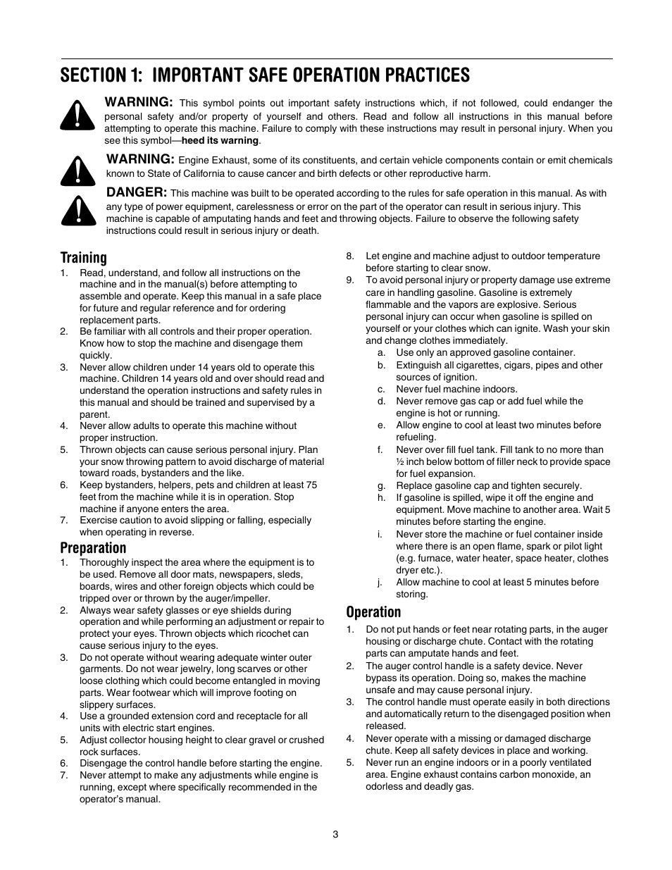 Training, Preparation, Operation | Cub Cadet 933 SWE User Manual | Page 3 / 32