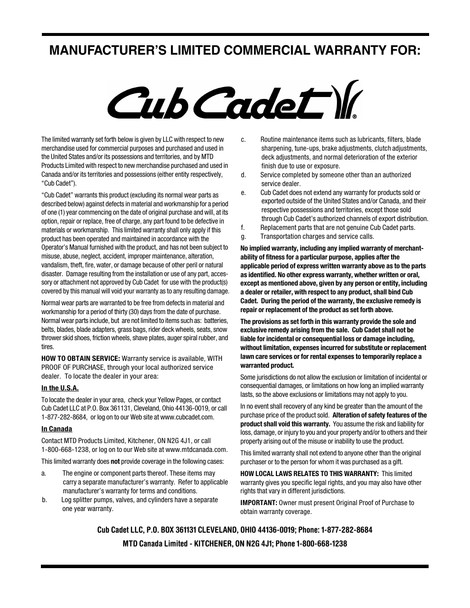 Manufacturer’s limited commercial warranty for | Cub Cadet 933 SWE User Manual | Page 31 / 32