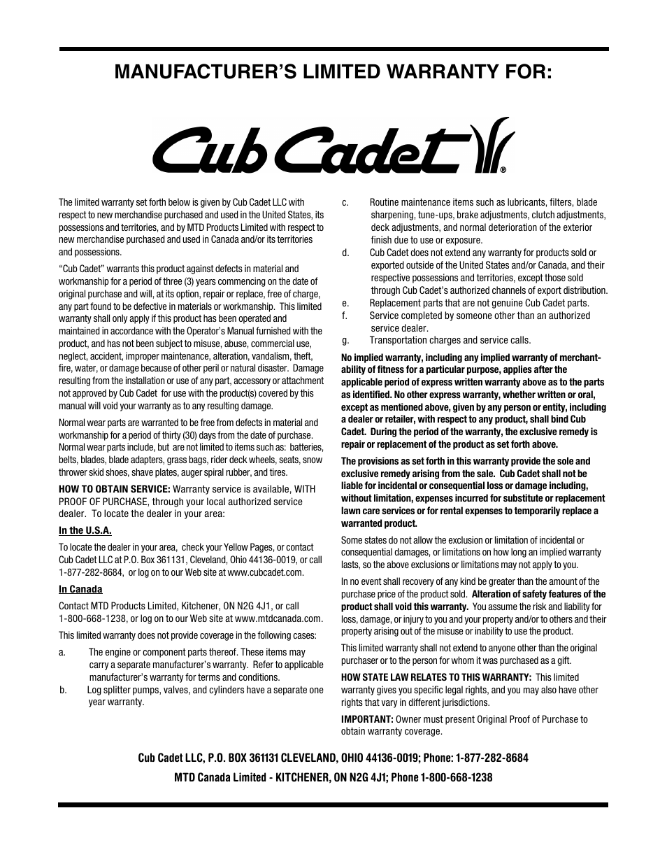 Manufacturer’s limited warranty for | Cub Cadet 933 SWE User Manual | Page 32 / 32
