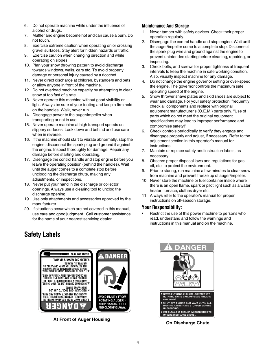 Safety labels, Na d, Your responsibility | Maintenance and storage, At front of auger housing on discharge chute | Cub Cadet 933 SWE User Manual | Page 4 / 32