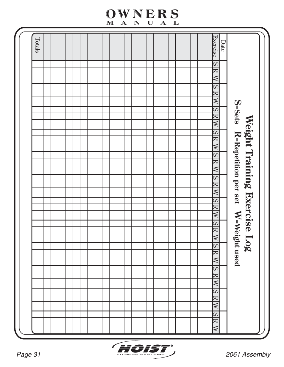 Hoist, We ight training exer c ise log, Sr w | Hoist Fitness CL-2061 User Manual | Page 32 / 38