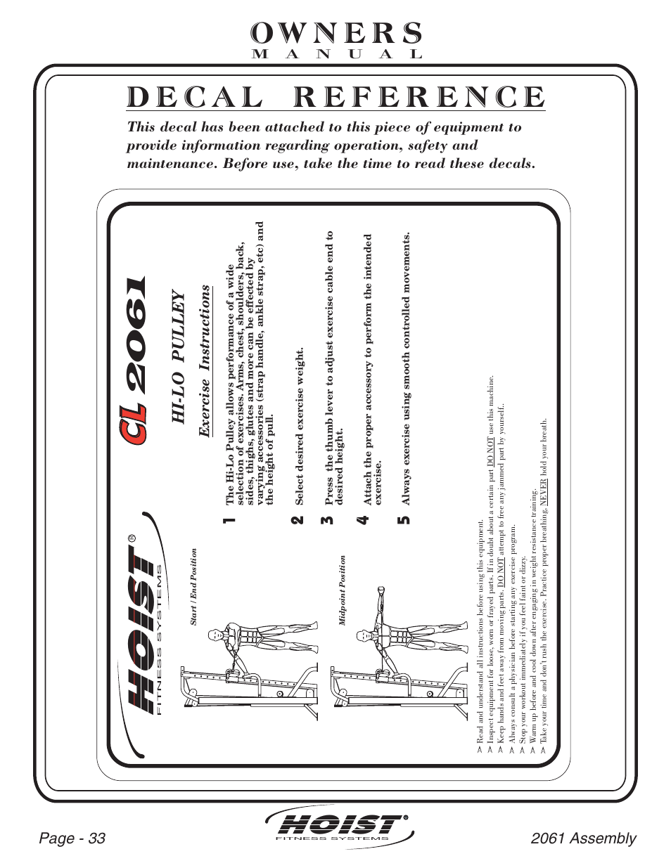 Clcl, Hoist, Hi-lo pulley | Exercise instructions | Hoist Fitness CL-2061 User Manual | Page 34 / 38