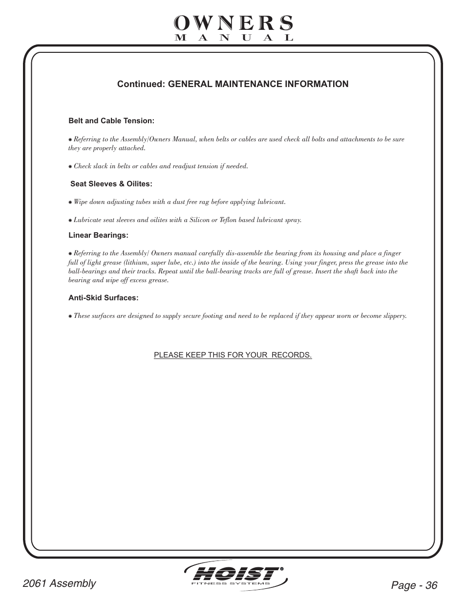 Hoist | Hoist Fitness CL-2061 User Manual | Page 37 / 38