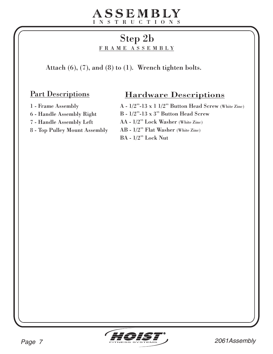 Hoist, Step 2b, Part descriptions | Hardware descriptions | Hoist Fitness CL-2061 User Manual | Page 8 / 38