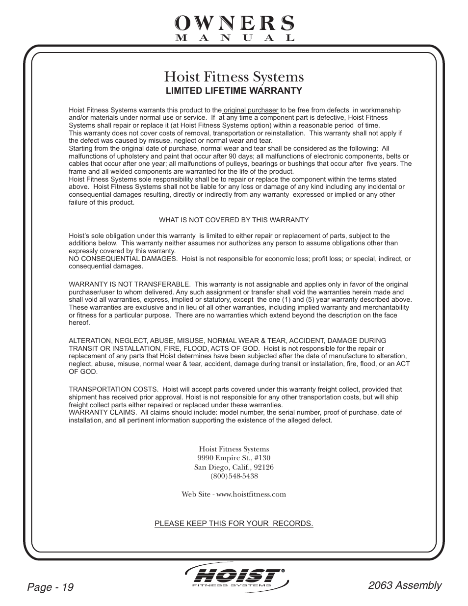 Hoist, Hoist fitness systems | Hoist Fitness CL-2063 User Manual | Page 20 / 20