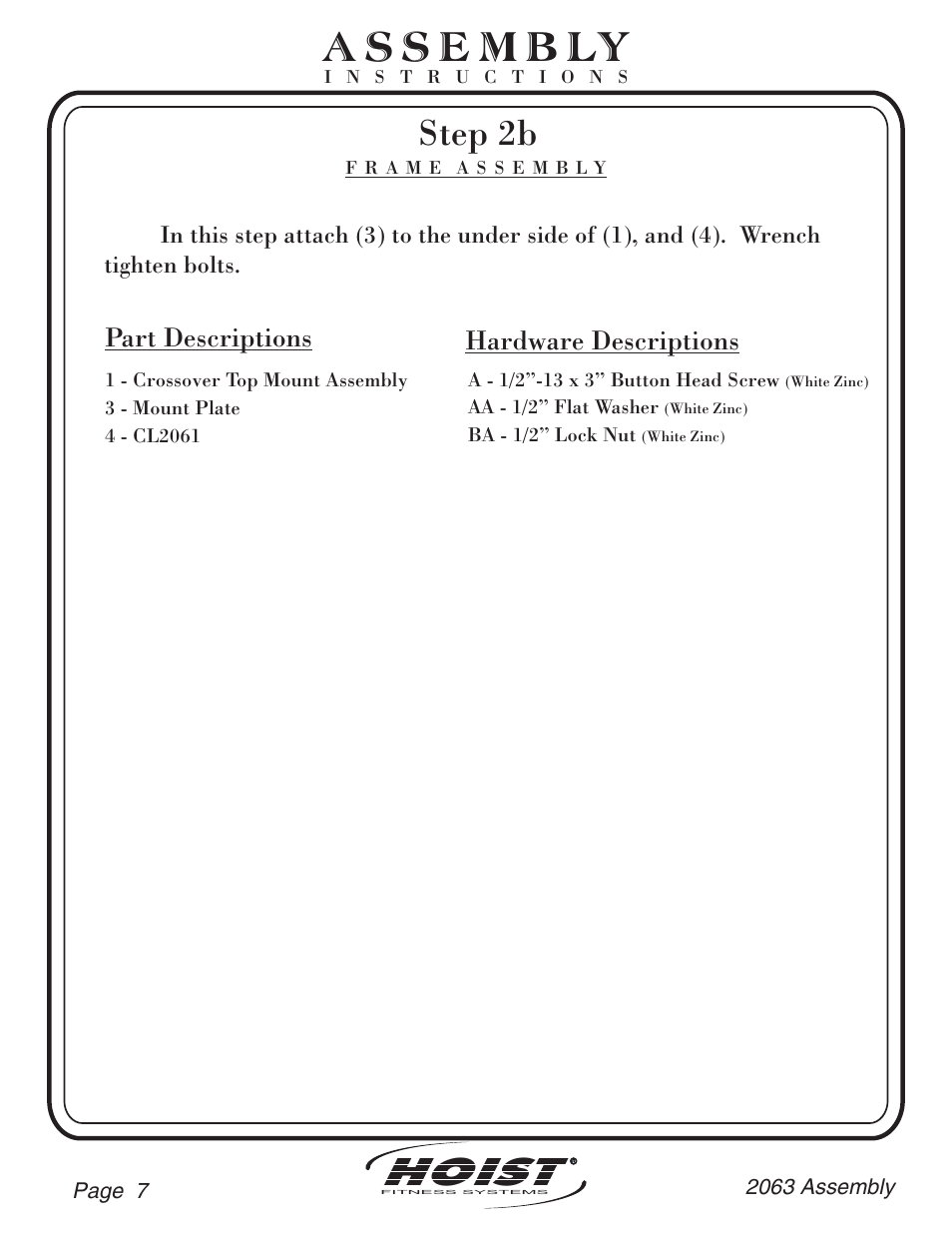 Hoist, Step 2b, Part descriptions | Hardware descriptions | Hoist Fitness CL-2063 User Manual | Page 8 / 20