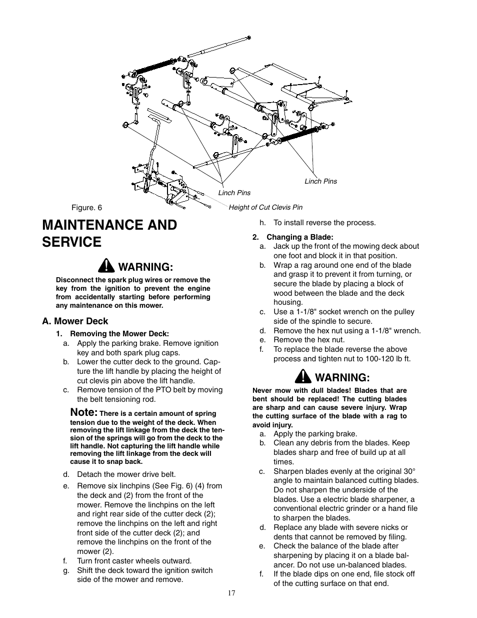 Maintenance and service, Warning | Cub Cadet 23HP Z-Force 60 User Manual | Page 17 / 32