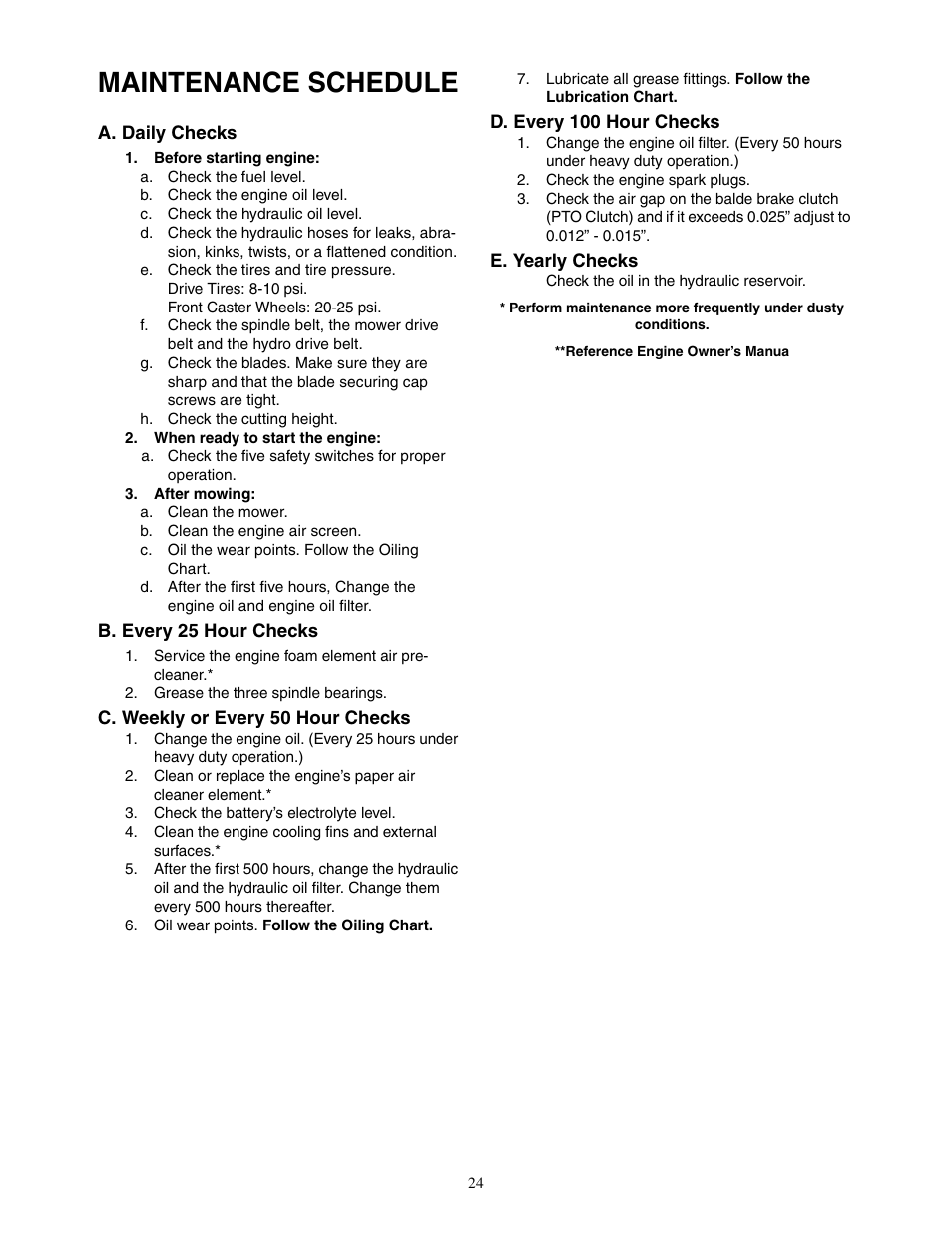 Maintenance schedule | Cub Cadet 23HP Z-Force 60 User Manual | Page 24 / 32