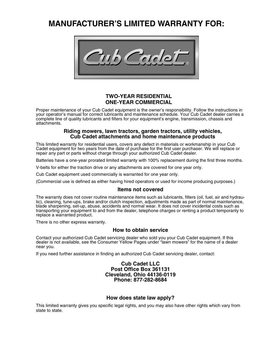 Manufacturer’s limited warranty for | Cub Cadet 23HP Z-Force 60 User Manual | Page 32 / 32