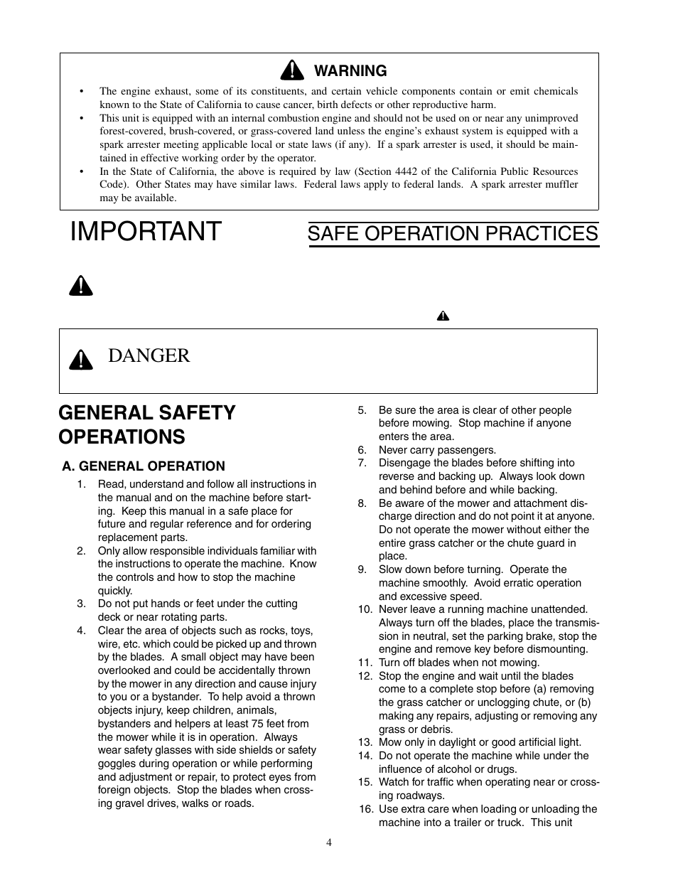 Important, Safe operation practices, Danger general safety operations | Warning | Cub Cadet 23HP Z-Force 60 User Manual | Page 4 / 32