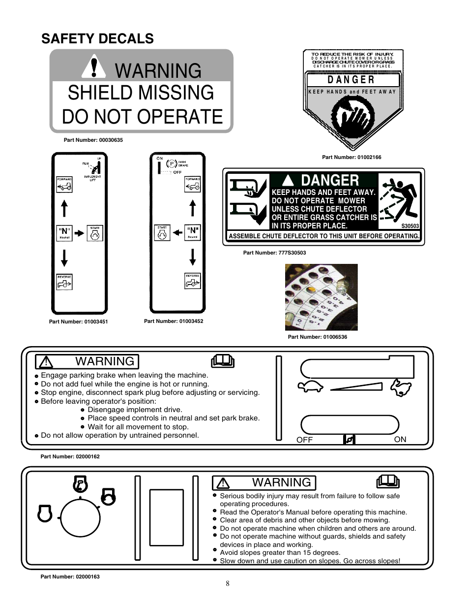 Warning shield missing do not operate, Danger, Safety decals | Warning | Cub Cadet 23HP Z-Force 60 User Manual | Page 8 / 32