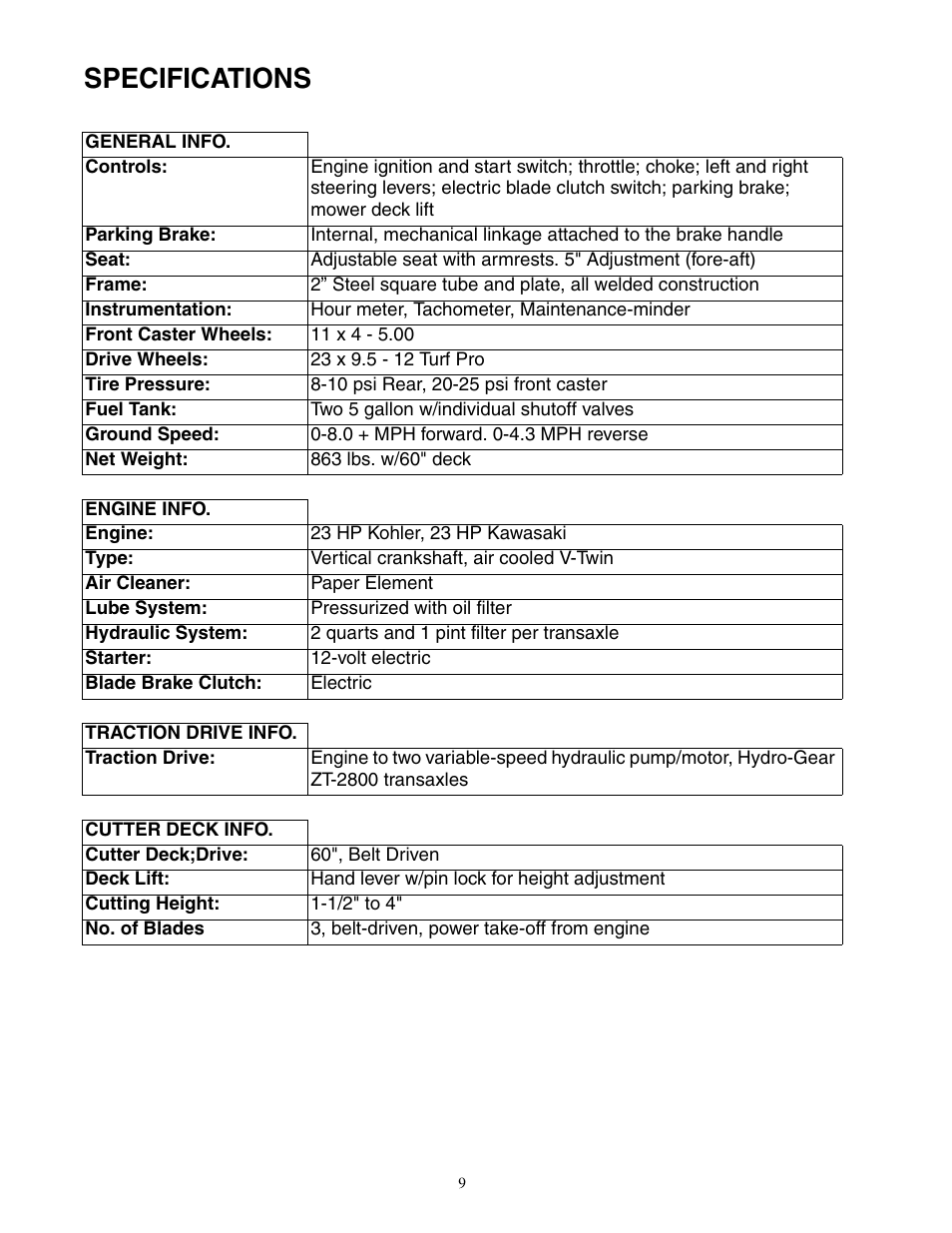 Specifications | Cub Cadet 23HP Z-Force 60 User Manual | Page 9 / 32