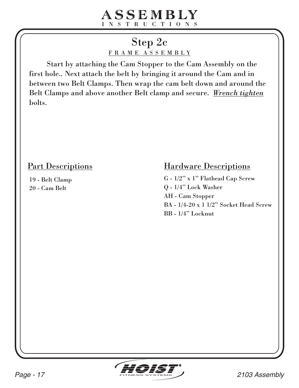 Hoist, Step 2c, Part descriptions | Hardware descriptions | Hoist Fitness CL-2103 User Manual | Page 18 / 43