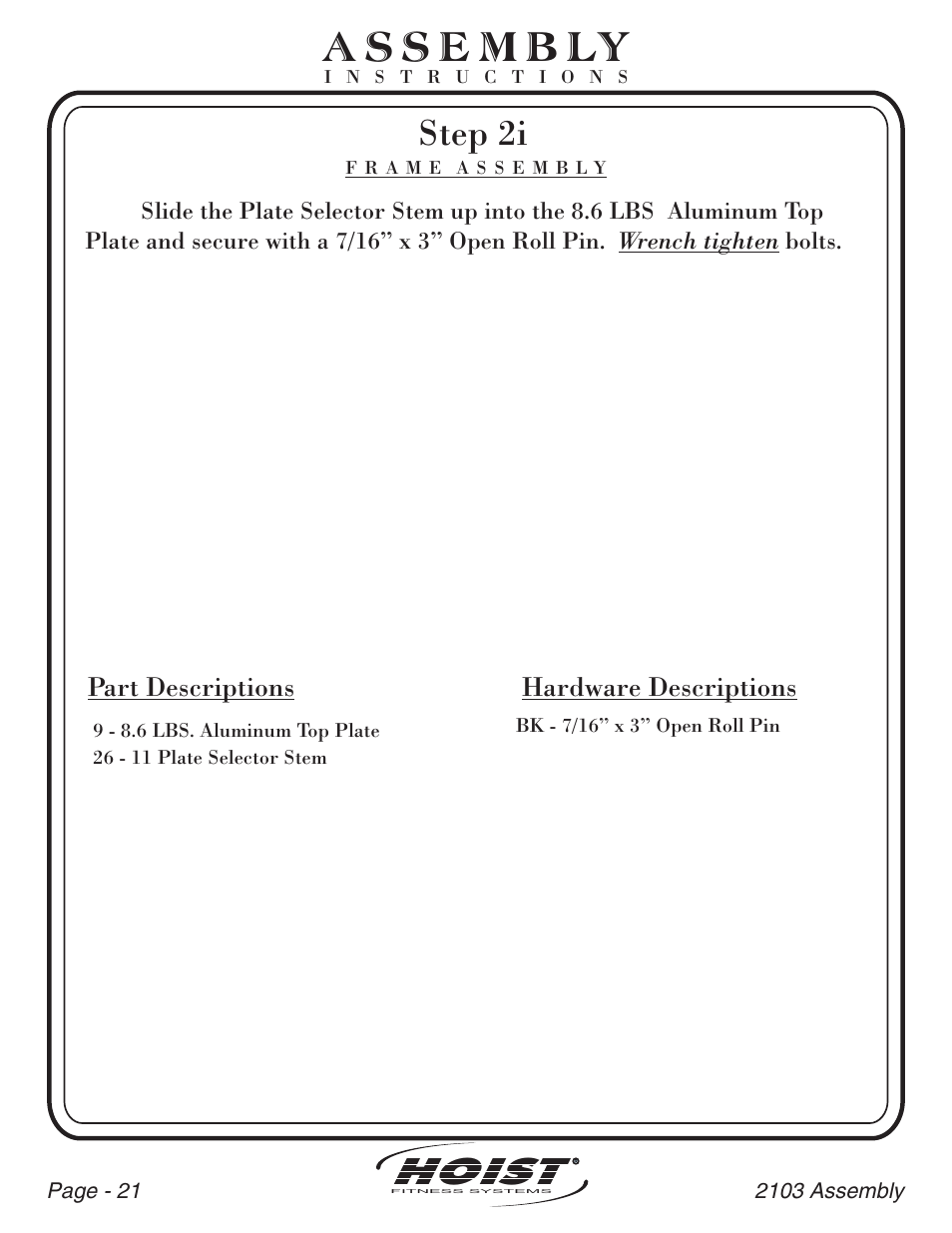 Step 2i, Part descriptions, Hardware descriptions | Hoist Fitness CL-2103 User Manual | Page 22 / 43