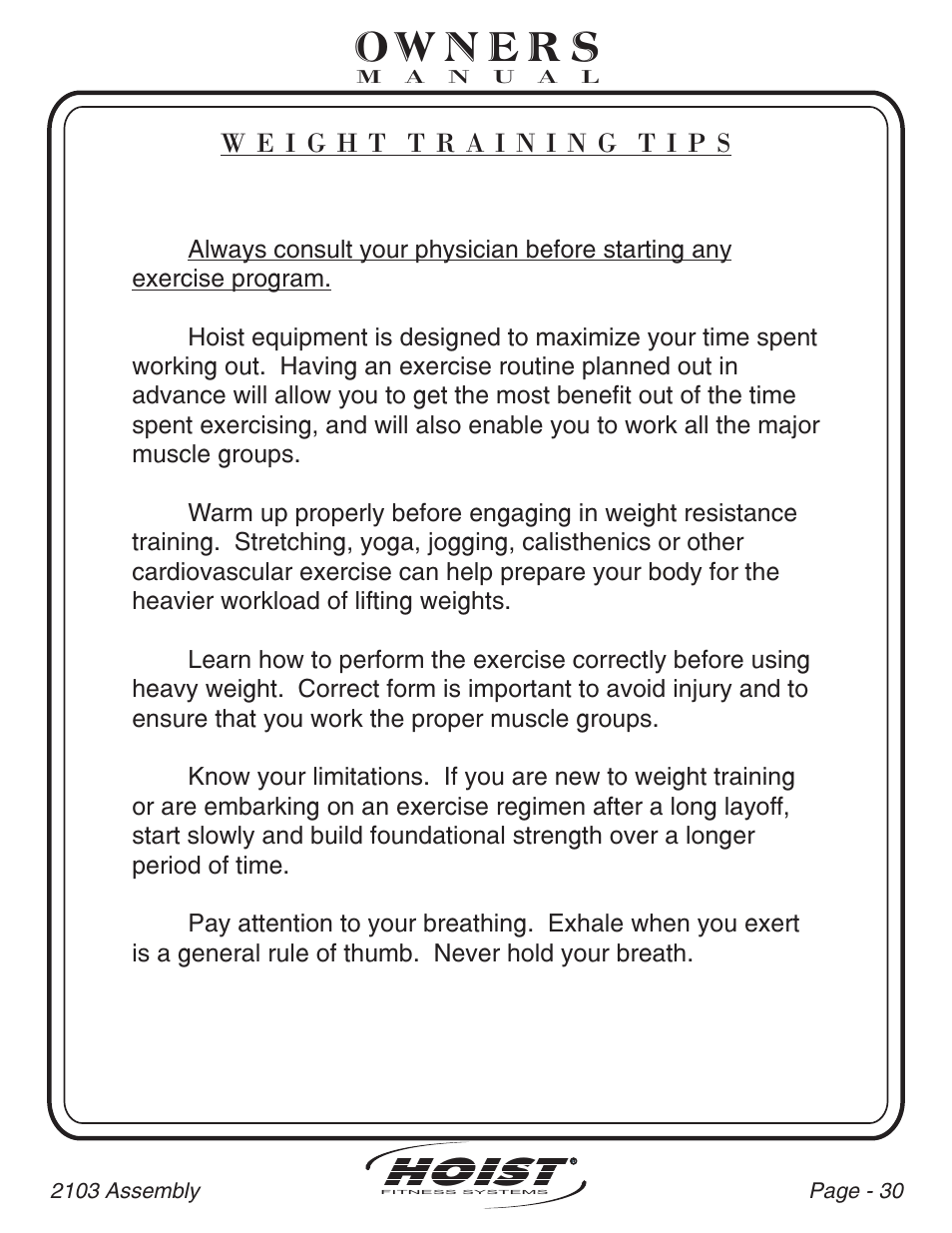 Hoist | Hoist Fitness CL-2103 User Manual | Page 31 / 43