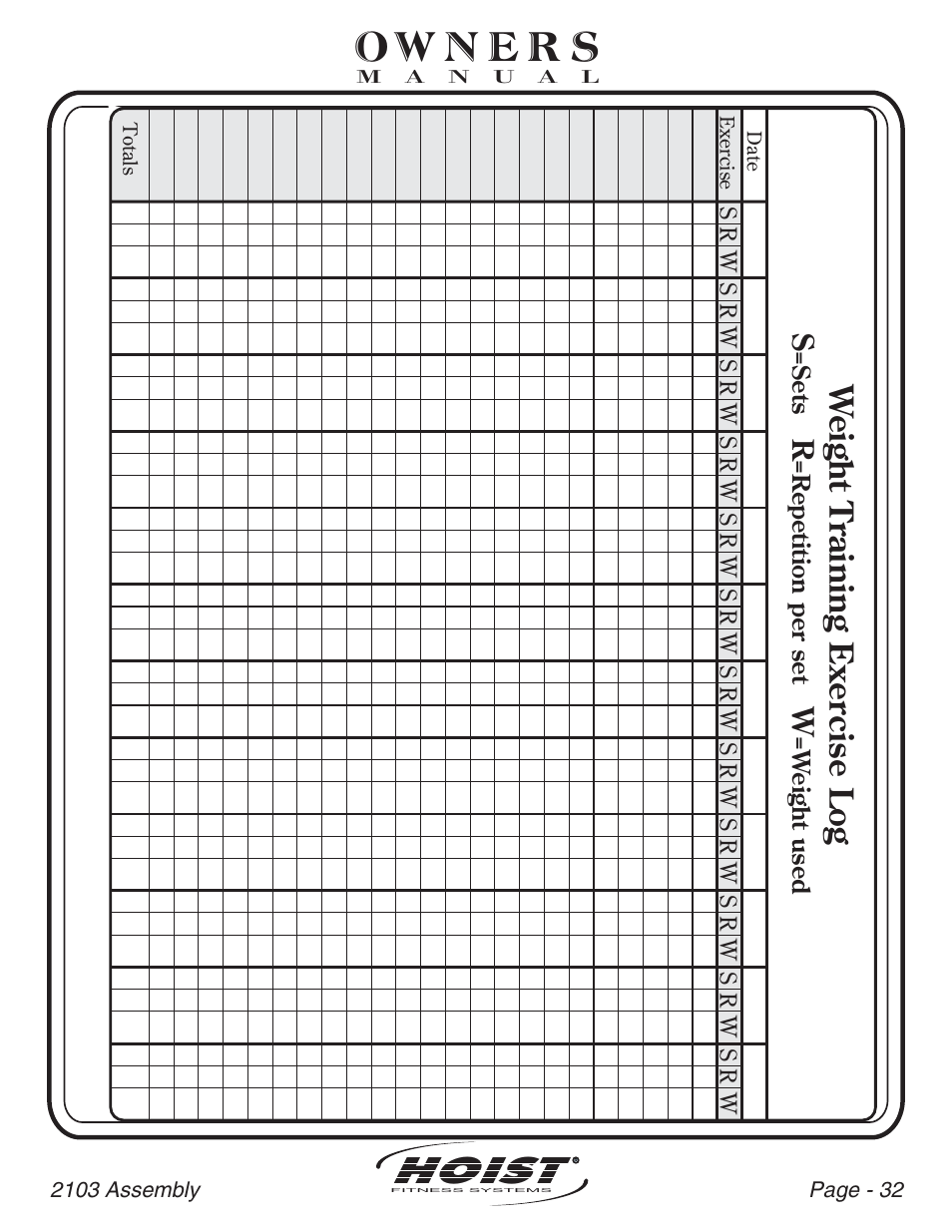 Hoist, We ight training exer c ise log, Sr w | Hoist Fitness CL-2103 User Manual | Page 33 / 43