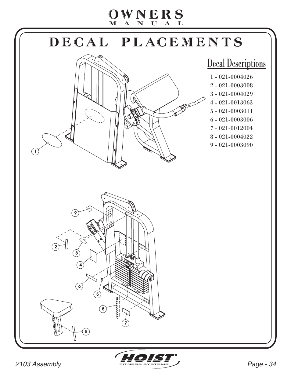 Hoist, Decal descriptions | Hoist Fitness CL-2103 User Manual | Page 35 / 43