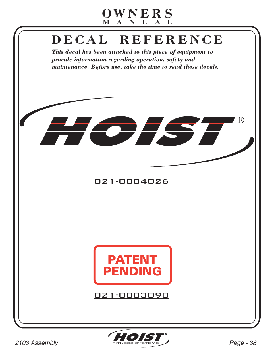 Hoist, Patent pending | Hoist Fitness CL-2103 User Manual | Page 39 / 43