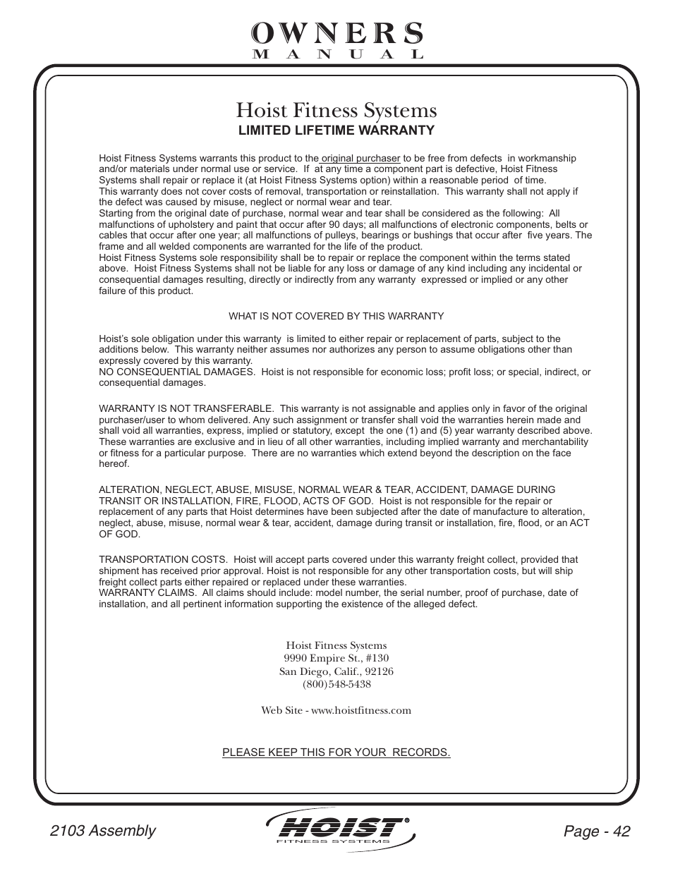 Hoist, Hoist fitness systems | Hoist Fitness CL-2103 User Manual | Page 43 / 43