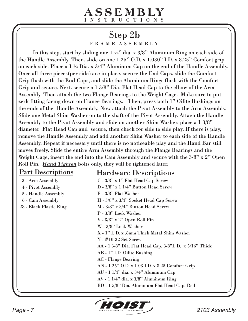 Hoist, Step 2b, Part descriptions | Hardware descriptions | Hoist Fitness CL-2103 User Manual | Page 8 / 43