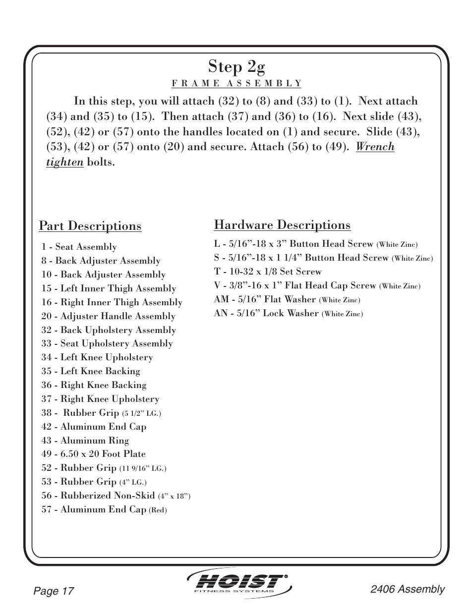 Hoist, Step 2g, Part descriptions | Hardware descriptions | Hoist Fitness CL-2406 User Manual | Page 18 / 44