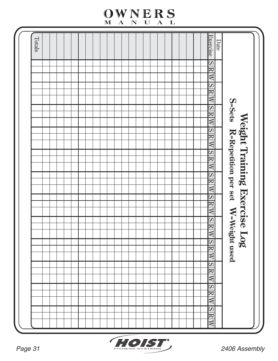 Hoist, We ight training exer c ise log, Sr w | Hoist Fitness CL-2406 User Manual | Page 32 / 44