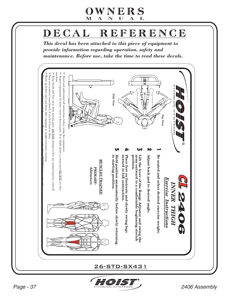 Clcl, Hoist, Std-sx431 | Inner thigh, Exercise instructions | Hoist Fitness CL-2406 User Manual | Page 38 / 44