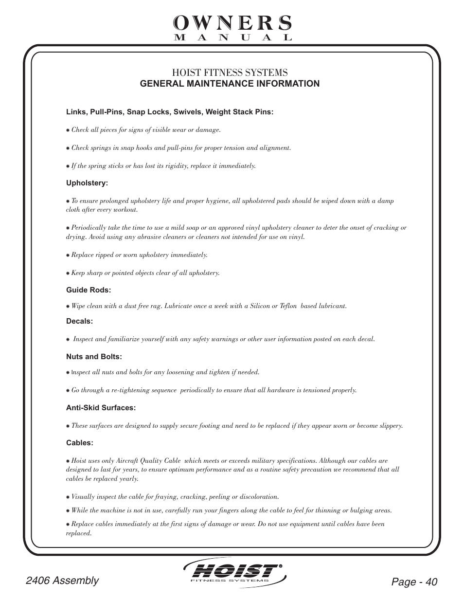 Hoist, Hoist fitness systems | Hoist Fitness CL-2406 User Manual | Page 41 / 44