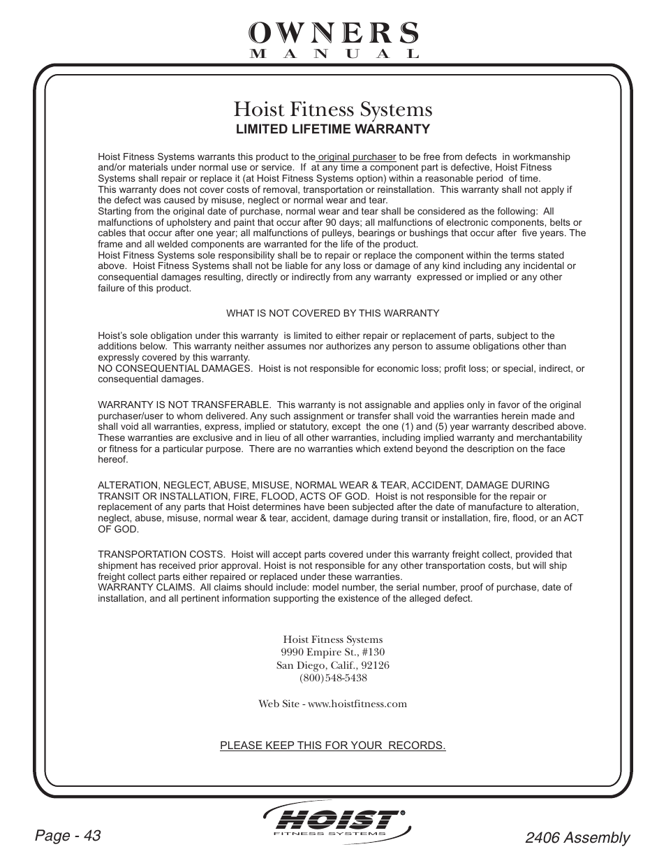 Hoist, Hoist fitness systems | Hoist Fitness CL-2406 User Manual | Page 44 / 44