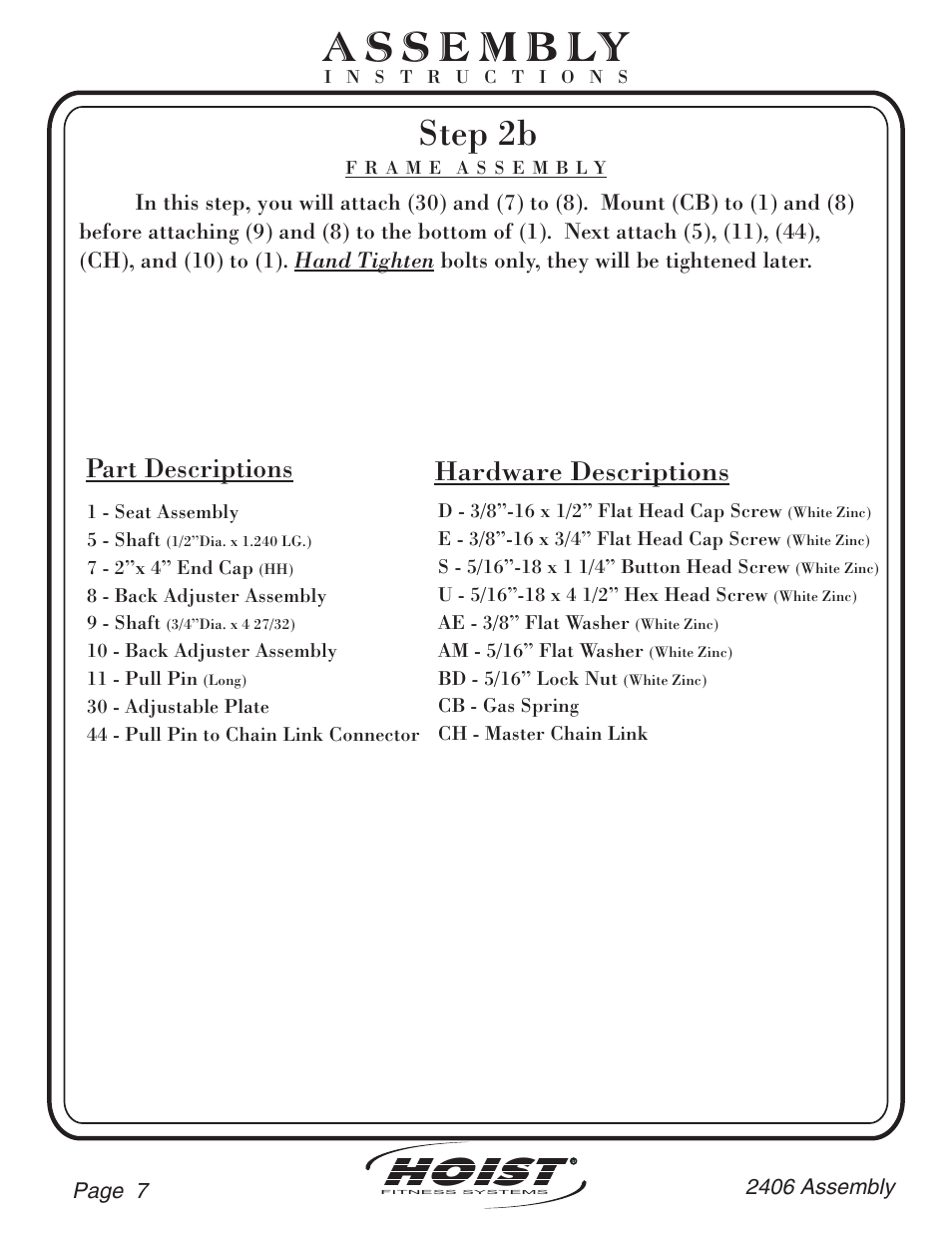 Hoist, Step 2b, Part descriptions | Hardware descriptions | Hoist Fitness CL-2406 User Manual | Page 8 / 44